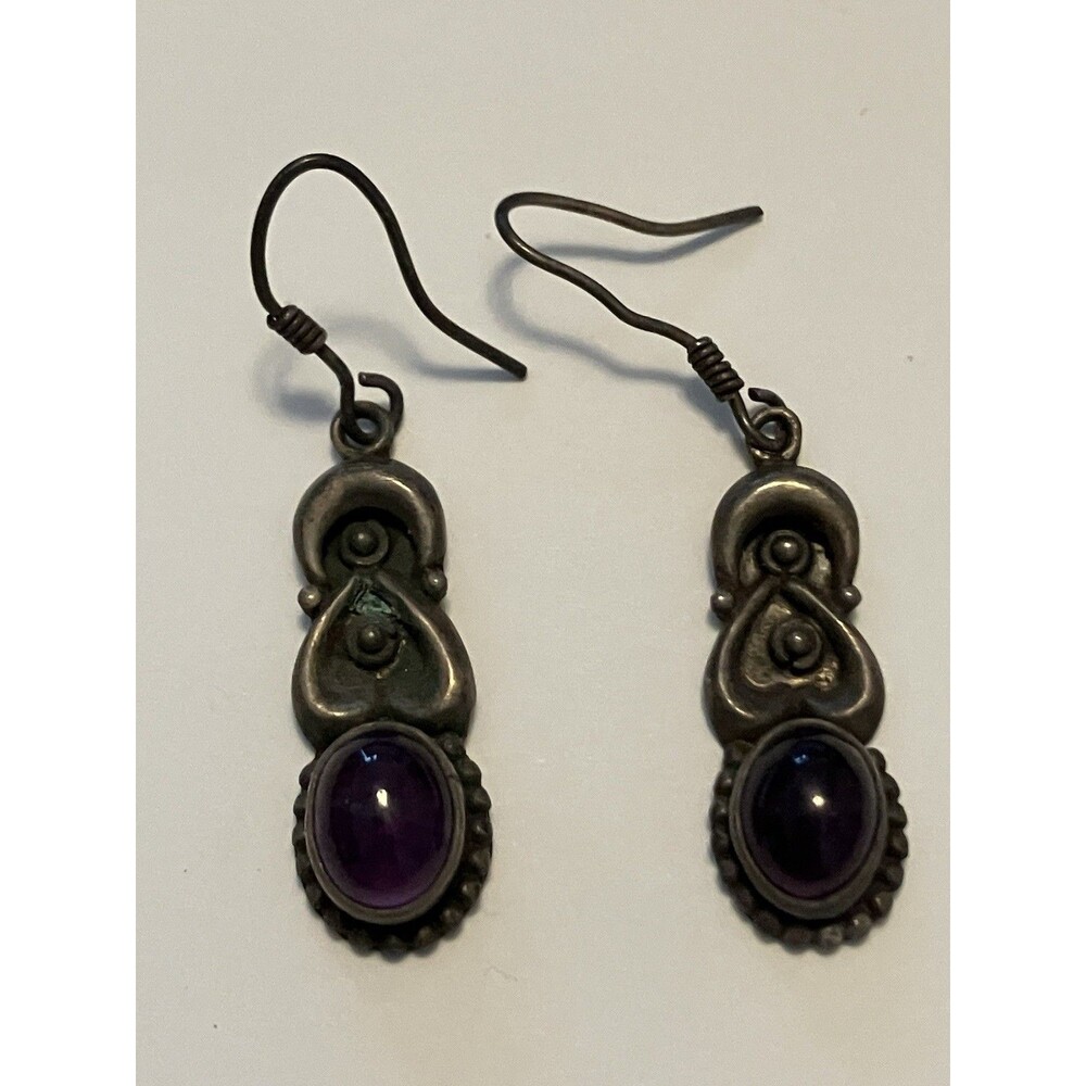 Vintage Sterling Silver 925 Earrings Amethyst Cabochons Dangle Drop